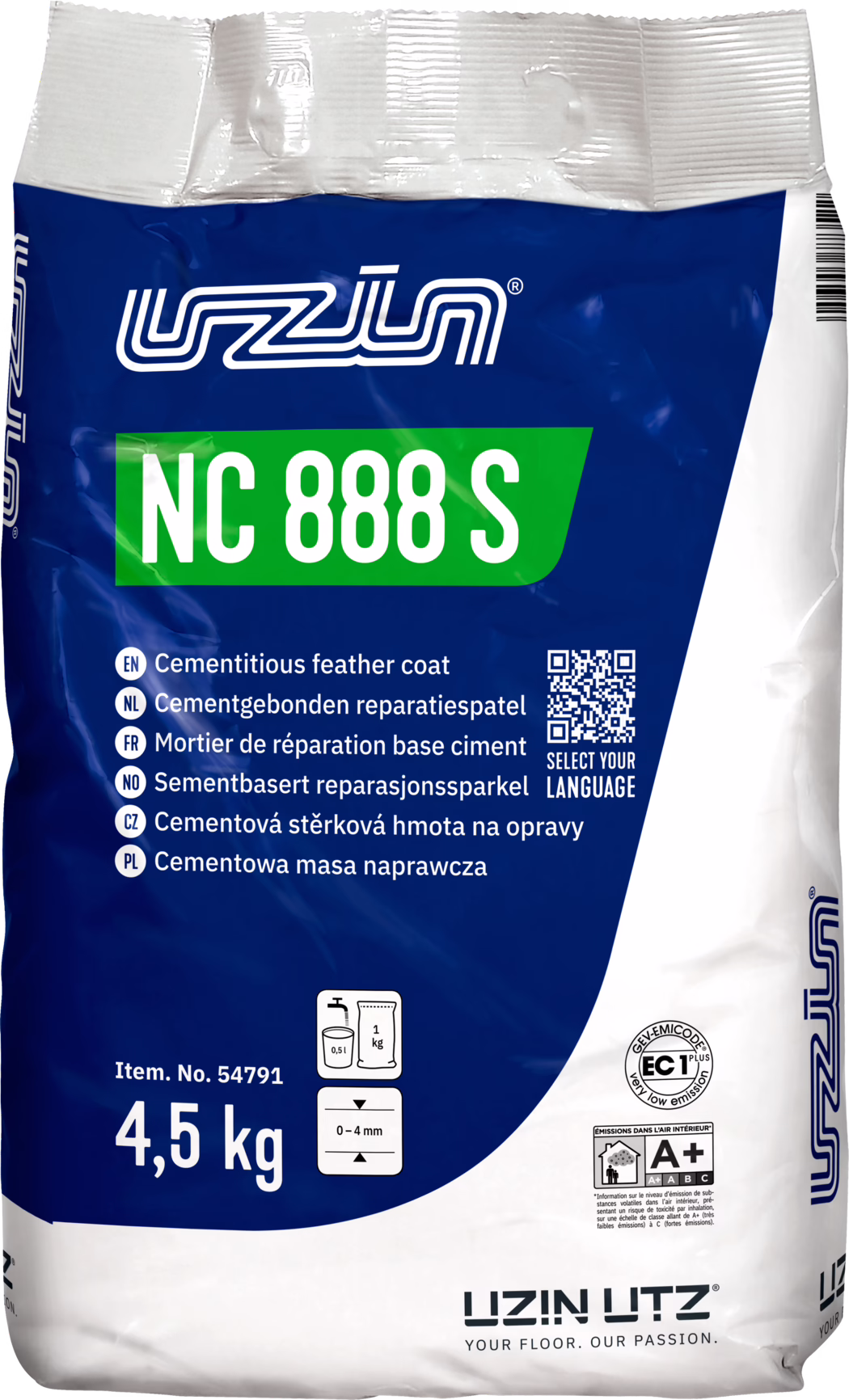 Foto van een 4,5 kg zak UZIN NC 888 S, een cementgebonden fijnspackel (feather coat). De plastic verpakking is blauw-wit met een groen NC 888 S-label en het UZIN-logo bovenaan. Zichtbare teksten: productnaam, meertalige omschrijvingen, een QR-code met 'Select your language', artikelnummer 54791, een mengpictogram dat ongeveer 0,5 l water per 1 kg aangeeft, aanbevolen laagdikte 0–4 mm, EC1 Plus lage-emissie certificering en A+ binnenemissie-label. Toepassing: cementgebonden reparatie- en egaliseermortel voor vloeren. Het gewicht '4,5 kg' is duidelijk afgedrukt. De zak vertoont kreukels en een streepjescode aan de rechterrand.