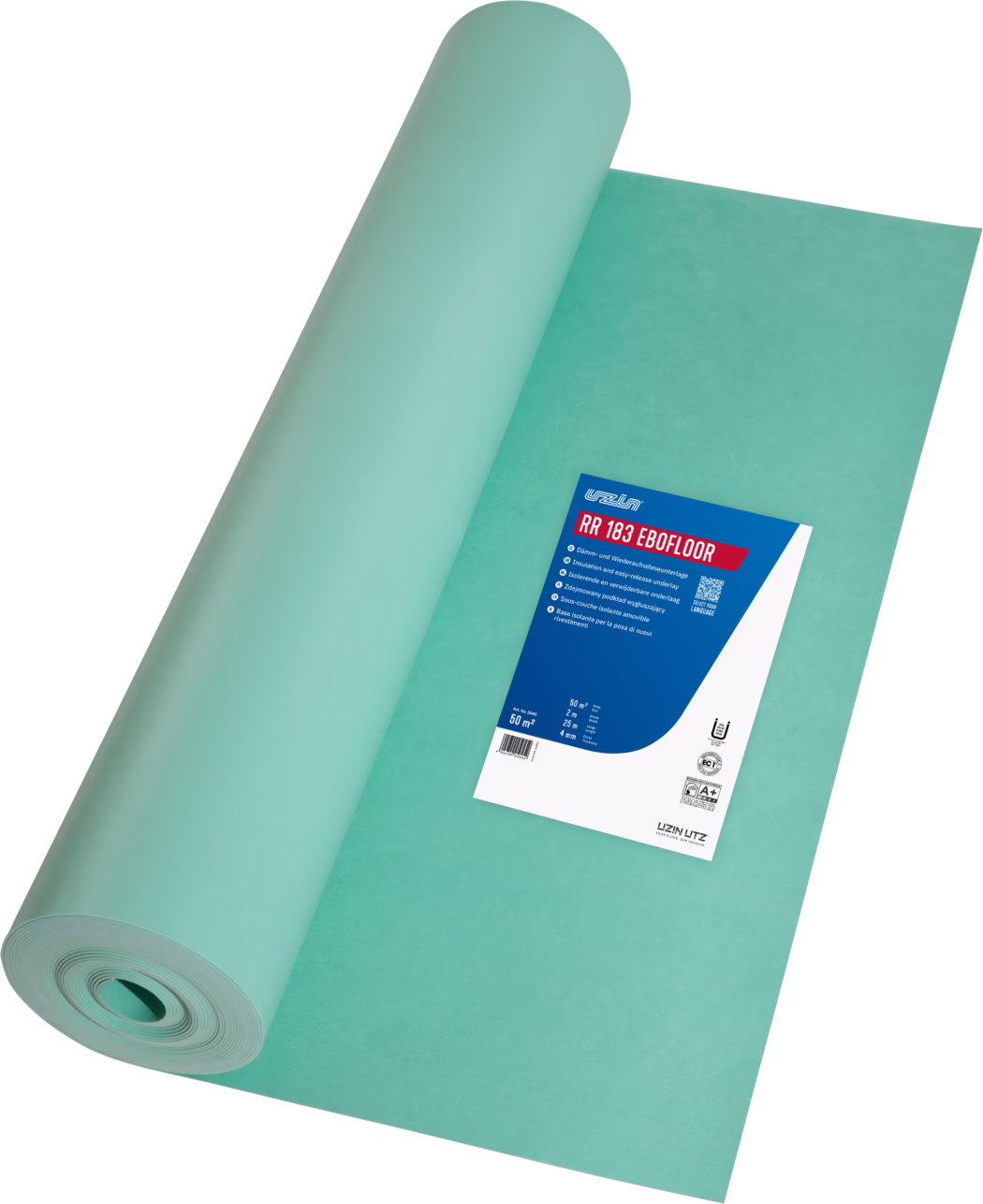 Een opgerolde turquoise vloeronderlaag, gedeeltelijk uitgerold op een witte achtergrond. Een blauw-wit productlabel met merk en technische gegevens is zichtbaar.