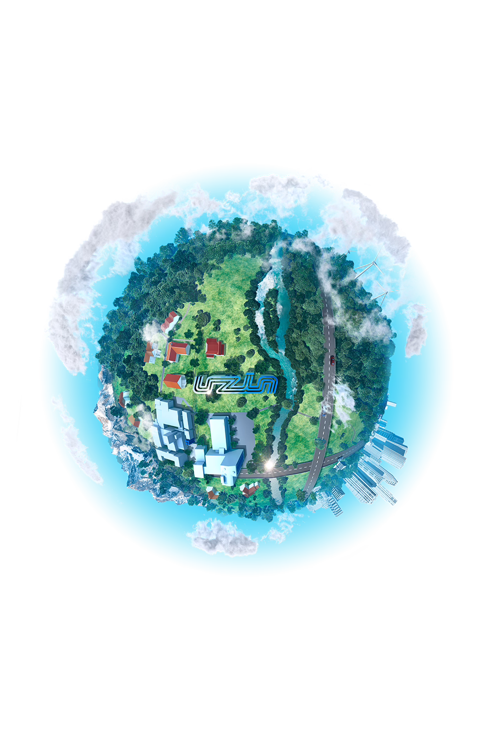 A small, spherical planet covered with forests, rivers, houses, buildings, and roads, surrounded by clouds, depicted in a vibrant, stylized, and miniature world view.