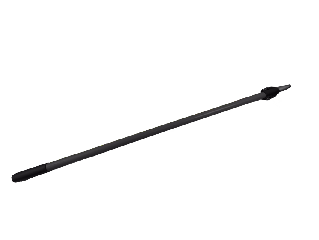 Pajarito_Dummy_Telescopic rod_021680_2023-01 Een lange, slanke telescoopsteel in donkergrijs, diagonaal geplaatst tegen een effen witte achtergrond. Het linkeruiteinde heeft een zacht, zwart rubberen handvat; de metalen schacht heeft een matte afwerking en een zichtbare verbinding die op uitschuifbare secties wijst. Het rechteruiteinde is voorzien van een compacte zwarte klem/connector en een taps toelopende zilverkleurige metalen punt om accessoires te bevestigen. Gelijke studioverlichting zorgt voor lichte schaduwen onder de steel; het object oogt schoon, functioneel en bedoeld voor modulaire uitbreiding of professioneel gebruik.