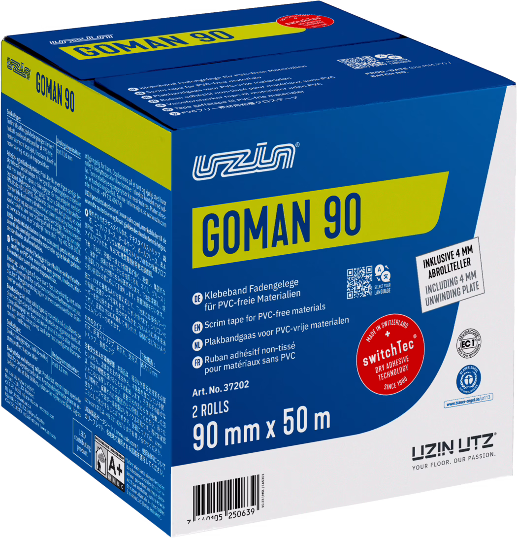 UZIN_Dummy_Goman 90-carton_2024-02 Blauw-gele verpakking van UZIN UTZ GOMAN 90, licht schuin gefotografeerd op witte achtergrond, met het merklogo en de naam 'GOMAN 90' en meertalige productinformatie. Op de voorkant staat dat de doos 2 rollen gaastape voor PVC‑vrije materialen bevat (90 mm x 50 m) en een 4 mm afrolplaatje is inbegrepen; keurmerken en een streepjescode zijn zichtbaar.